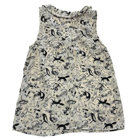 ModCloth Shirt Womens XS Ivory Black Cat Print Sleeveless V Neck Blouse Top - Picture 2 of 6
